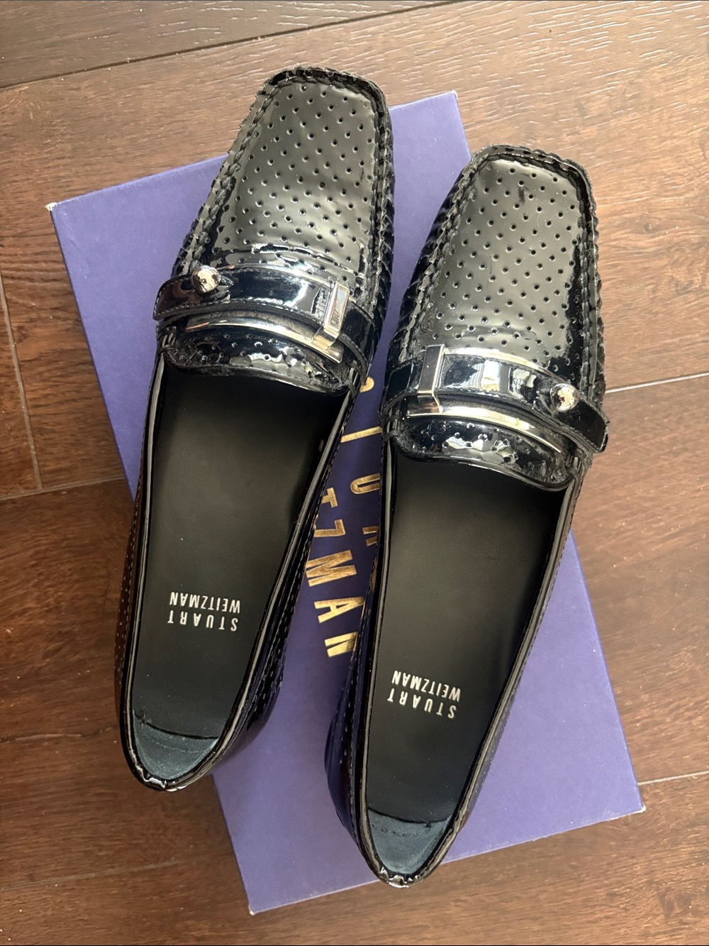 Stuart Weitzman Black Patent Perforated Bit Loafers